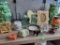 SHELF LOT. TO INCLUDE 2 VINTAGE LARGE GREEN CERAMIC FOO DOGS, 2 SMALL FOO DOGS, PICTURE FRAMES,