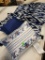3 PIECE BLUE AND WHITE THROW PILLOW AND BLANKET SET. IS SOLD AS IS WHERE IS WITH NO GUARANTEES OR