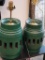 HANDMADE GREEN CENTER WAGON WHEEL LAMPS. THEY MEASURE APPROX 12 IN FROM BASE TO TOP OF WHEEL. IS