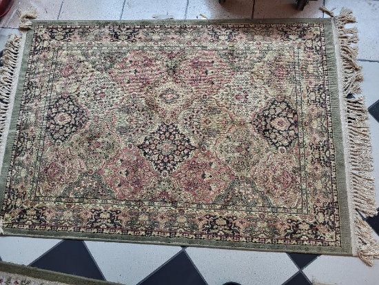 NICE AREA RUG. COLORS ARE OLIVE GREEN, PINK, CREAM ETC. MEASURES APPROX 63 IN LONG AND 39 IN WIDE.