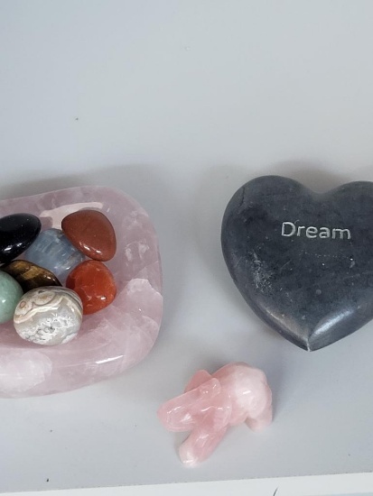 GREY STONE "DREAM" PAPERWEIGHT, PINK ROSE QUARTZ ELEPHANT AND PINK ROSE STONE DISH WITH JADEITE AND