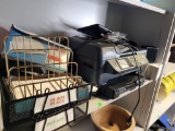 HOME OFFICE SHELF LOT. INCLUDES EPSON WORKFORCE WF-2660 PRINTER, SCANNER ALL IN ONE AND INK,