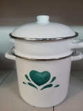WHITE ENAMEL GREEN HEART 8 QT. STOCK POT WITH LID/AND STEAMER POT. IS SOLD AS IS WHERE IS WITH NO