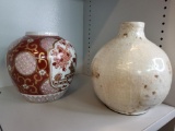 2 PIECE VASE SET. CREAM ONE IS FROM KIRKLANDS AND AMBER COLOR VASE IS HAND PAINTED FROM JAPAN. IS