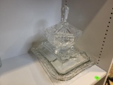 VINTAGE CRYSTAL FOOTED HEXAGON SHAPED CANDY DISH AND VINTAGE INDIANA GLASS DIVIDED SERVING PLATTER.