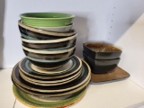 TURQUOISE, BLACK AND CREAT PLATE AND BOWL SET. IS SOLD AS IS WHERE IS WITH NO GUARANTEES OR