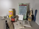 BOX FULL OF VARIOUS PAINT SUPPLIES TO INCLUDES BRUSHES, PAINT, GLUE GUN AND VARIOUS OTHER ITEMS. IS