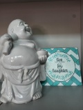 HEAVY WHITE CERAMIC LAUGHING BUDDHA AND LIVE EVERY MOMENT WITH LAUGHTER TABLE D?COR. BUDDHA MEASURES