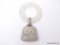 VINTAGE WEBSTER STERLING SILVER BABY TEETHING RING RADDLE. DEPICTS A HANGING WALL CLOCK WITH THE