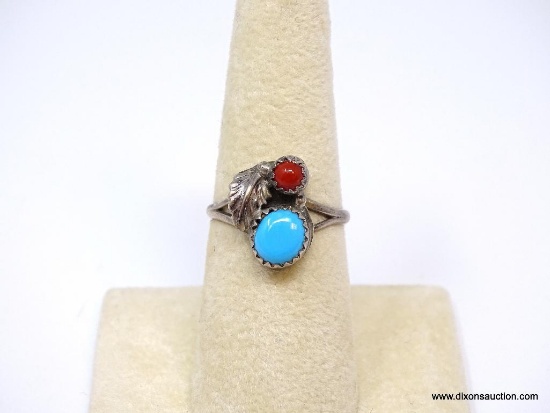 NATIVE AMERICAN STERLING SILVER TURQUOISE & RED CORAL RING WITH FEATHER DETAILING. THE TURQUOISE