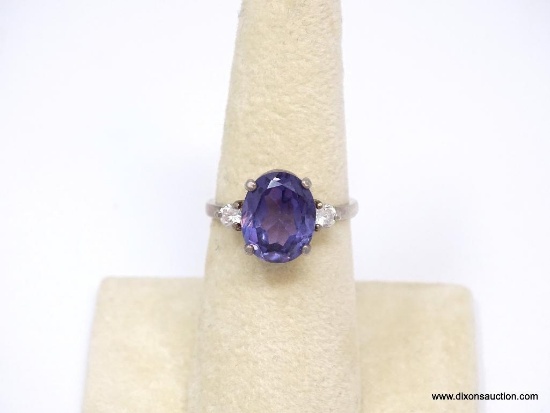 .925 STERLING SILVER RING WITH PRONG SET SYNTHETIC OVAL CUT COLOR CHANGE ALEXANDRITE & A ROUND CUT
