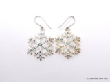 PAIR OF .925 STERLING SILVER SNOWFLAKE PIERCED DANGLE EARRINGS WITH BLUE CRYSTAL ACCENTS. MARKED ON