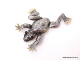 .925 STERLING SILVER FROG PENDANT/BROOCH WITH ENGRAVED DETAILING, ROUND GARNET GEMSTONE EYES AND