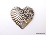 VINTAGE .925 STERLING SILVER TRUART REPOUSSE HEART BROOCH WITH EMBOSSED FLORAL DESIGN & LINE