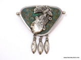 VINTAGE ICVALA MEXICO .925 STERLING SILVER CRUSHED INLAID TURQUOISE PENDANT/PIN WITH KING PAKAL
