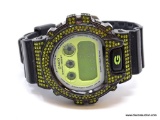 CASIO G-SHOCK WRIST WATCH, MODEL #DW-6900 - BLACK & YELLOW WITH YELLOW CRYSTAL ACCENTS. 20 BAR WATER