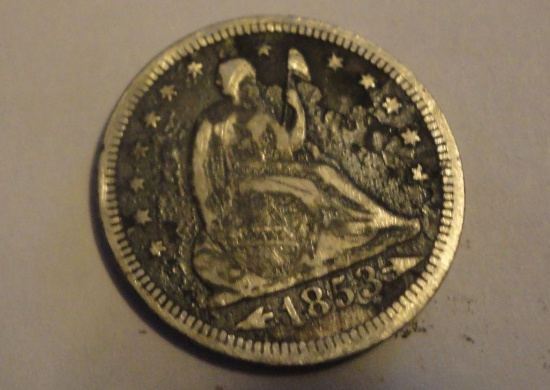 1853 SILVER SEATED LIBERTY QUARTER ALL ITEMS ARE SOLD AS IS, WHERE IS, WITH NO GUARANTEE OR