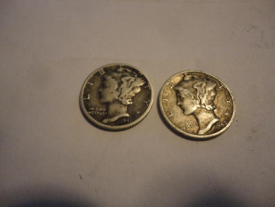 TWO SILVER MERCURY DIMES ? 1941, 1942 ALL ITEMS ARE SOLD AS IS, WHERE IS, WITH NO GUARANTEE OR