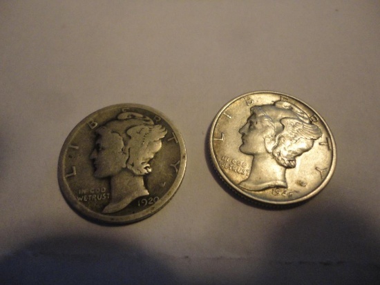 TWO SILVER MERCURY DIMES ? 1920, 1942 ALL ITEMS ARE SOLD AS IS, WHERE IS, WITH NO GUARANTEE OR