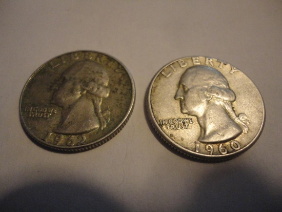 TWO SILVER QUARTERS ? 1960, 1962 ALL ITEMS ARE SOLD AS IS, WHERE IS, WITH NO GUARANTEE OR WARRANTY.