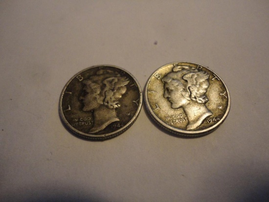 TWO SILVER 1944 MERCURY DIMES ALL ITEMS ARE SOLD AS IS, WHERE IS, WITH NO GUARANTEE OR WARRANTY. NO