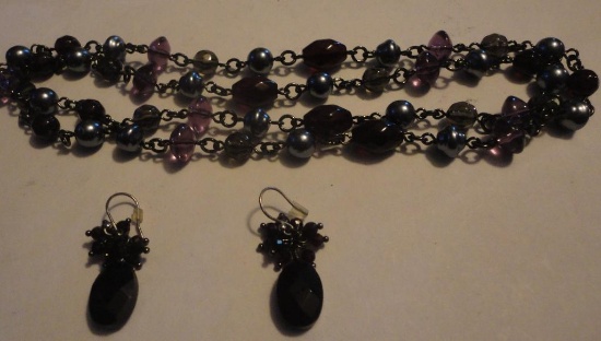 NECKLACE WITH PURPLE, BLACK AND GRAY STONES AND MATCHING EARRINGS ALL ITEMS ARE SOLD AS IS, WHERE