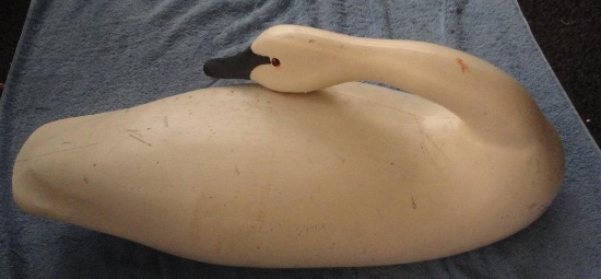 HAND CARVED SWAN WITH GLASS EYES SIGNED ?SAM SWAN? 1986 ALL ITEMS ARE SOLD AS IS, WHERE IS, WITH NO