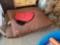 (SHED1) LOT OF 3 DOG ITEMS. INCLUDES 2 LARGE BROWN AND CREAM DOG BEDS AND A LARGE RED AND BLACK