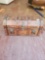 (SHED 2) DECORATIVE WOOD CHEST WITH AMBER GLASS DECANTER SET, 2 DECANTERS AND 4 GLASSES, BRASS LION