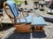 (SHED2) VINTAGE WOODEN GLIDER AND OTTOMAN WITH BLUE UPHOLSTERED CUSHIONS.