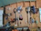 (SHED 3) WALL LOT OF MISC. TOOLS TO INCLUDE: LARGE LOT OF CHAINSAW CHAINS, WOOD WORKING CLAMPS,