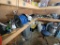 (SHED 3) BOTTOM SHELF CONTENTS TO INCLUDE: AIR HOSE ON STEEL HAND CRANK REEL, BAR & CHAIN