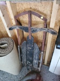 (SHED 1) VINTAGE CHILDRENS WOOD AND METAL SLED, RED METAL HAS BEGUN TO FLAKE