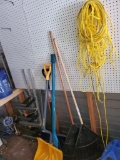 (SHED 2) WALL LOT OF MISC, YELLOW ROPE, 4 HAND TOOLS, 2 RAKES AND 2 SNOW SHOVELS, WOOD PADDLE, AND 2