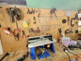 (SHED 3) WALL LOT OF MISC. TOOLS TO INCLUDE: CAULK GUN, METAL SHEARS, PLIERS, KOBALT WRENCHES,