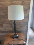 (SUNROOM) BLACK TABLE LAMP WITH SHADE, WHITE SHADE, TWISTED CANDLESTICK BASE, 28