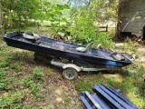 (CUT) 14FT BLUE WOOD AND METAL 2 PERSON JOHNBOAT WITH VENTURE BOAT TRAILER.