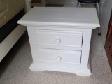 (BED3) AMERICAN WOOD CRAFTERS WHITE WOODEN TWO DRAWER NIGHT STAND. DOVETAILED DRAWERS WITH LARGE