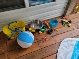 (DECK) LOT OF ASSORTED ITEMS TO INCLUDE: INFLATABLE KIDDIE POOL, ALL PLASTIC TOY BASKET.
