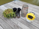 (DOCK) MISC. LOT TO INCLUDE: MINNOW BUCKET, MINNOW TRAP, GREEN PLASTIC PLANTER, & A PAIR OF RED WING