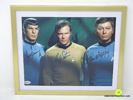 FRAMED, MATTED & AUTOGRAPH PHOTOGRAPH OF THE ORIGINAL STAR TREK CAST. IT'S SIGNED BY LEONARD NIMOY