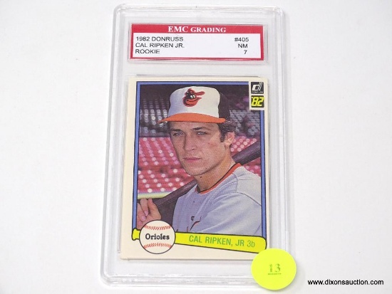 GRADED 1982 DONRUSS ROOKIE BASEBALL CARD OF CAL RIPKEN JR. WHO PLAYED FOR THE ORIOLES. GRADED BY EMC