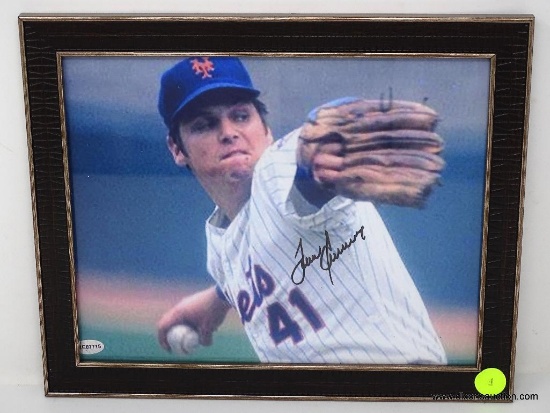 FRAMED & AUTOGRAPHED PHOTOGRAPH OF #41 TOM SEAVER OF THE NEW YORK METS. SIGNED IN BLACK MARKER.