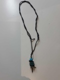 TEAL AND BLACK GLASS DALEK BEAD/PENDANT ON BLACK ROPE CHAIN. MEASURES APPROX 2