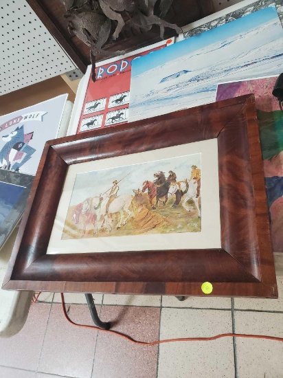 Ogee Framed And Matted Painting Of Men and Horses Traveling, Pencil Sigbed Higgs, 23 1/2"l 17 1/4"w,