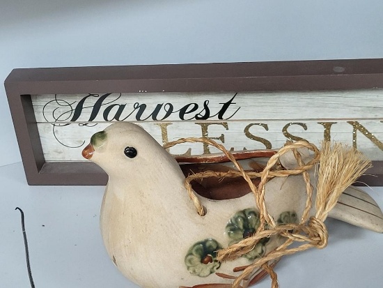 WOODEN BIRD CEILING HANGER AND A HARVEST BLESSED WALL D?COR. IS SOLD AS IS WHERE IS WITH NO