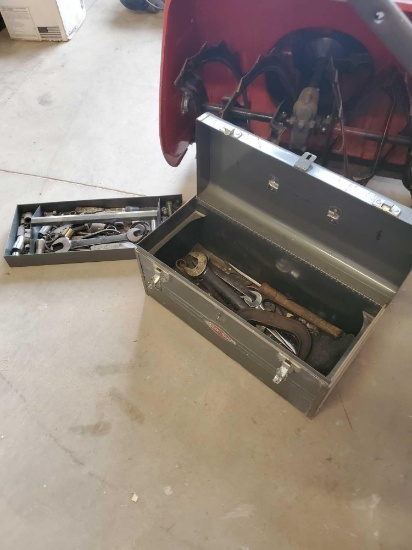 VINTAGE CRAFTSMAN TOOL BOX WITH TOOLS, VINTAGE WRENCHES, CLAMPS, STANLEY RAZOR KNIFE, ETC., PLEASE