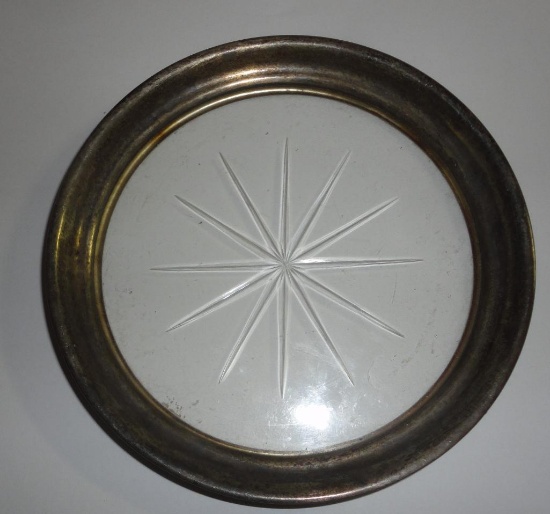 LARGE GLASS COASTER WITH STERLING SILVER RIM ALL ITEMS ARE SOLD AS IS, WHERE IS, WITH NO GUARANTEE