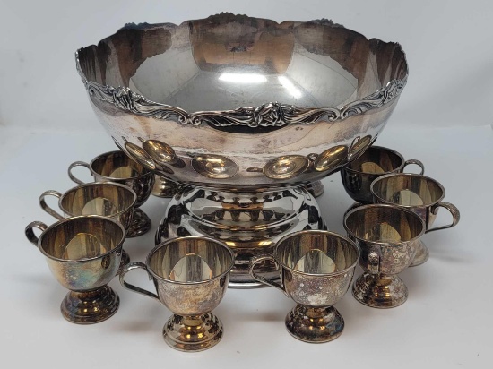 12 PC. ELECTROPLATE PUNCHBOWL SET. FOOTED ELECTROPLATE PUNCH BOWL WITH EMBOSSED FLORAL DESIGN WITH