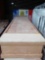 OAK WOODEN COFFIN, FABRIC LINING, WITH TWO HOOD LATCH, MEASUREMENTS ARE APPROXIMATELY, 79 1/2 IN X